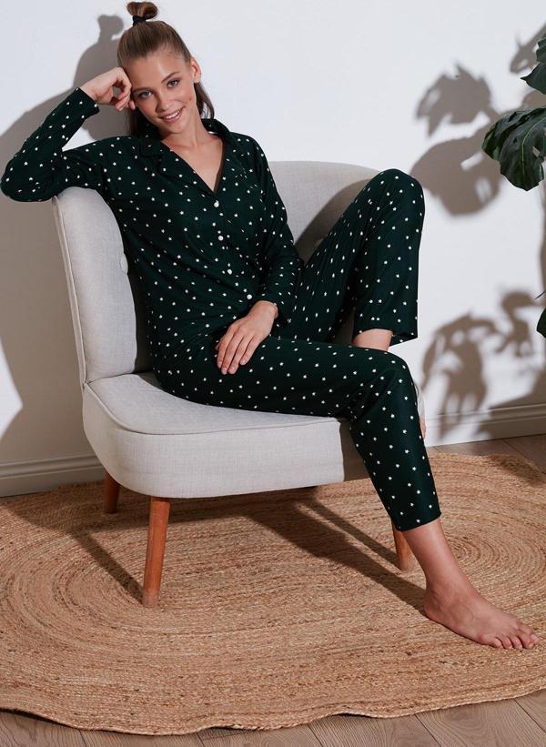 Lela Streç Standart Fit Düğmeli Bayan Pijama Takımı 60956601 YEŞİL - Image 1