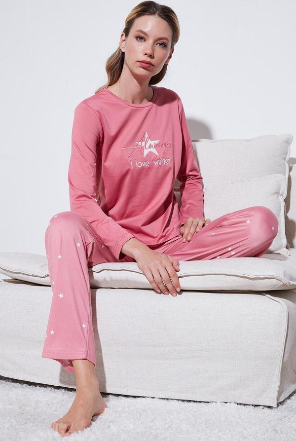 Lela Regular Fit Desenli Bisiklet Yaka Bayan Pijama Takımı 65719102 PEMBE - Image 1