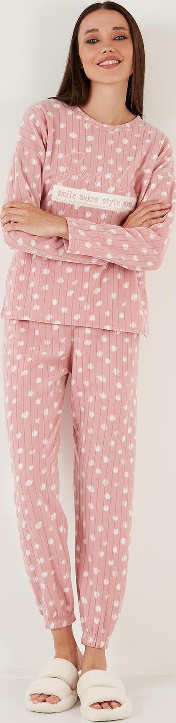 Lela Regular Fit Bisiklet Yaka Polar Bayan Pijama Takımı 6571007 PUDRA - Image 1