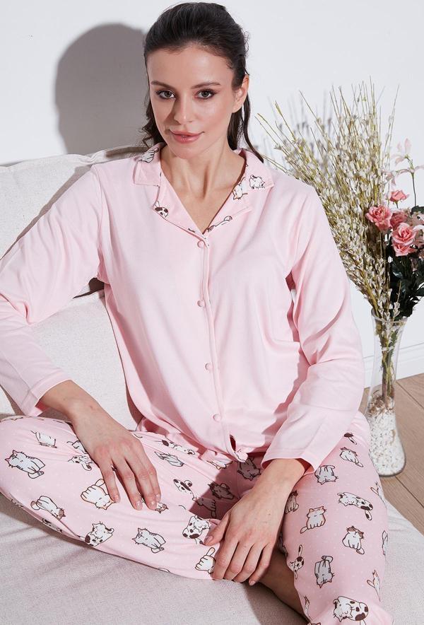 Lela Desenli Regular Fit Apaş Yaka Beli Lastikli Bol Paça Bayan Pijama Takımı 65714300 AÇIK PEMBE - Image 1