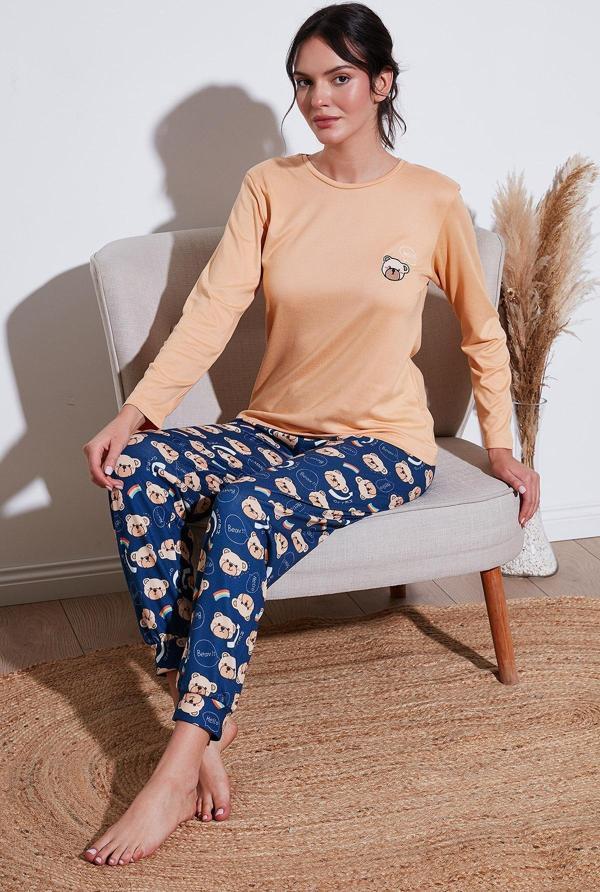 Lela Streç Regular Fit Beli Lastikli Bisiklet Yaka Bayan Pijama Takımı 65714101 ŞEFTALİ - Image 1