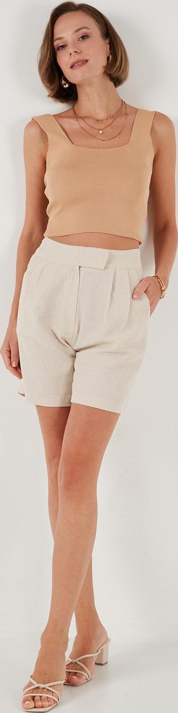 Lela % 100 Pamuklu Yüksek Bel Bayan Şort 673SY601 BEJ - Image 1