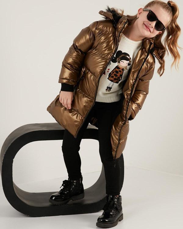 Lela Peluş Astarlı Yakası Suni Kürklü Çıkarılabilir Kapüşonlu Kışlık Kız Çocuk Mont 5761908 ALTIN - Image 1