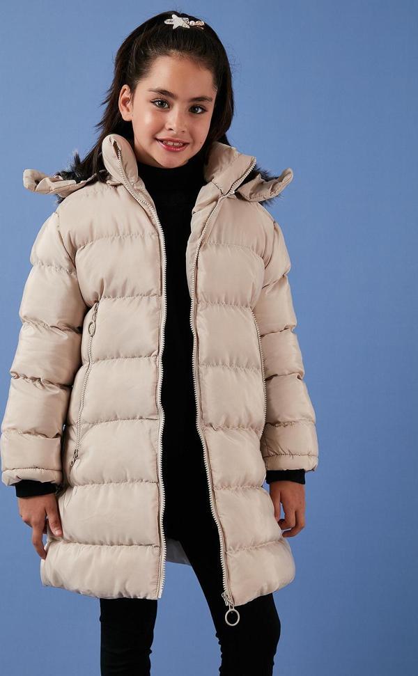 Lela Peluş Astarlı Yakası Suni Kürklü Çıkarılabilir Kapüşonlu Kışlık Kız Çocuk Mont 5766038 TAŞ - Image 1
