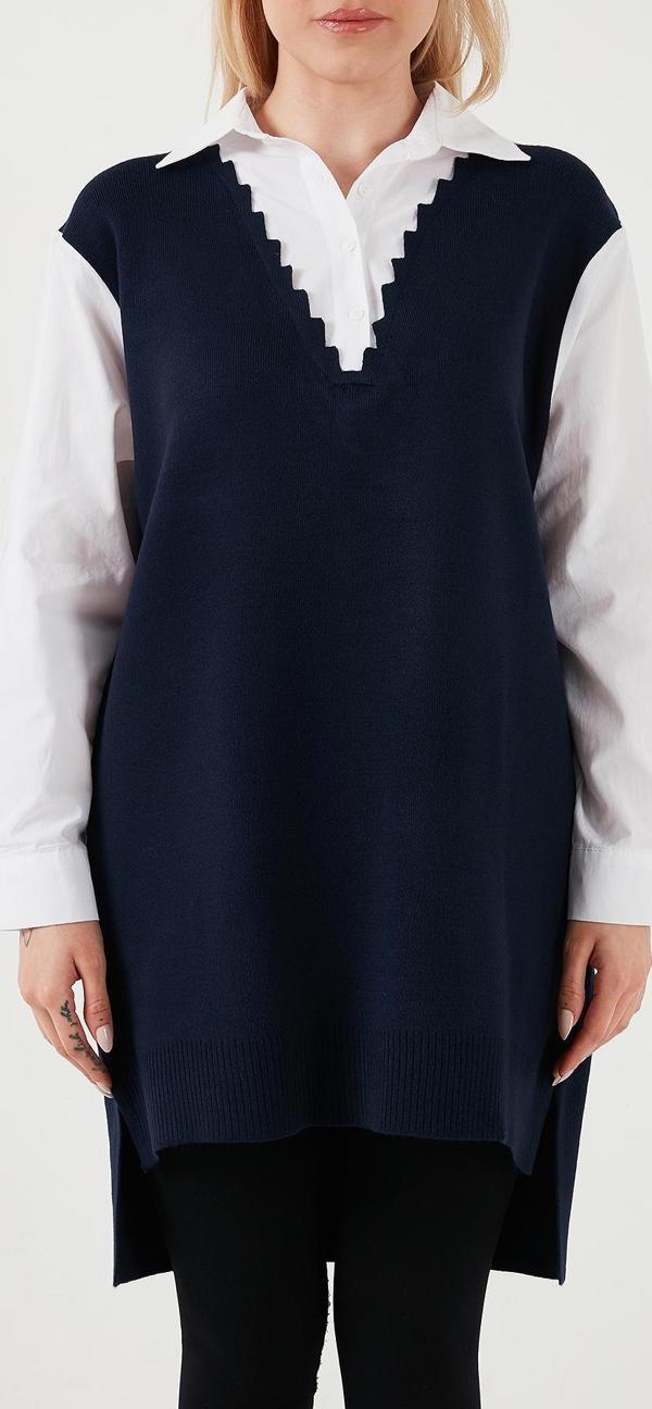 Lela Modest Standart Fit Gömlek Yaka Tesettür Triko Bayan Tunik 4612148 LACİVERT - Image 1