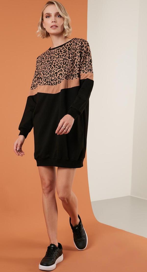 Lela Leopar Desenli Renk Bloklu Oversize Bisiklet Yaka Bayan Tunik 5863604 SİYAH - Image 1