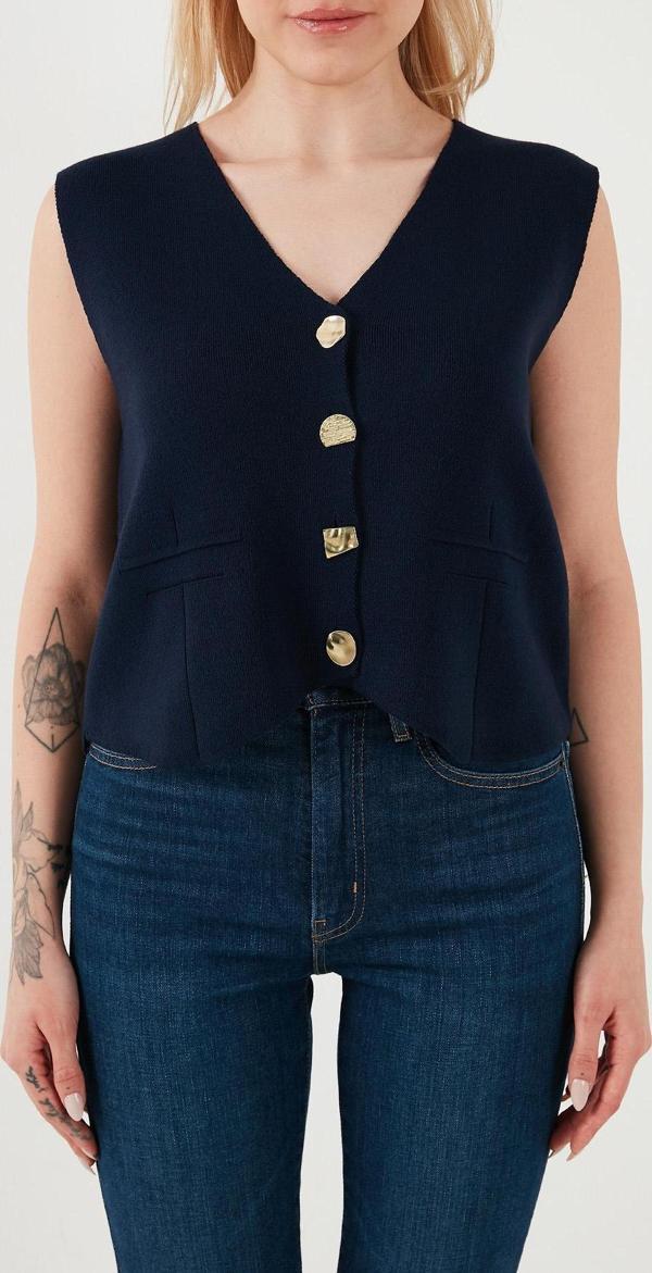 Lela Standart Fit V Yaka Düğmeli Triko Bayan Yelek 4616177 LACİVERT - Image 1