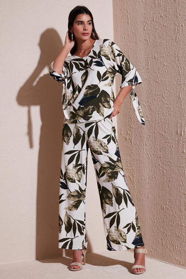 Lela Desenli Regular Fit Truvakar Kol V Yaka Alt-Üst Bayan Takım 5865357 YEŞİL - Image 1