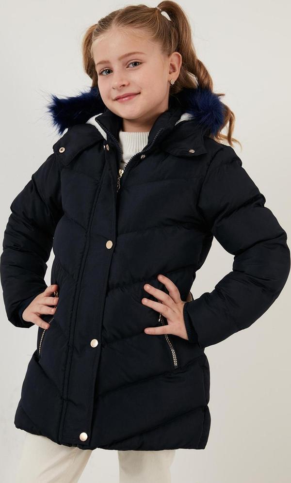Lela Yakası Suni Kürklü Peluş Astarlı Kapüşonlu Kışlık Şişme Kız Çocuk Mont 6035018 LACİVERT - Image 1