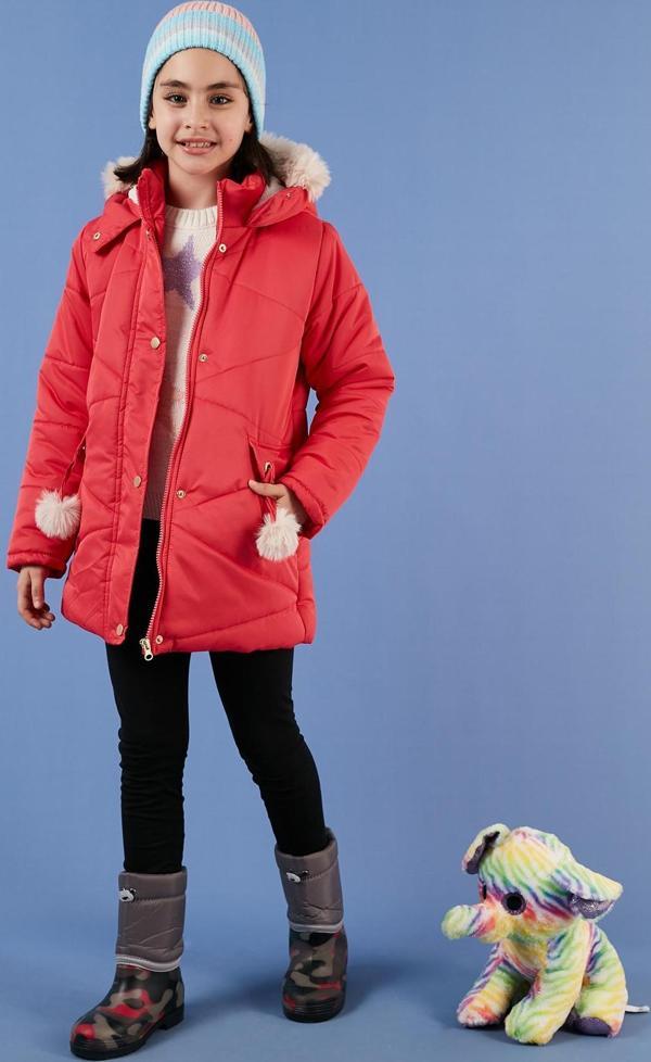 Lela İçi Peluş Astarlı Kapüşonlu Şişme Kız Çocuk Mont 6035034 KIRMIZI - Image 1