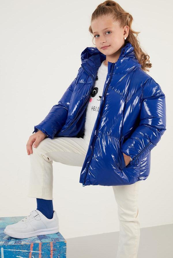Lela Parlak Fermuarlı Cepli Kapüşonlu Şişme Kız Çocuk Mont 6380005 SAKS - Image 1