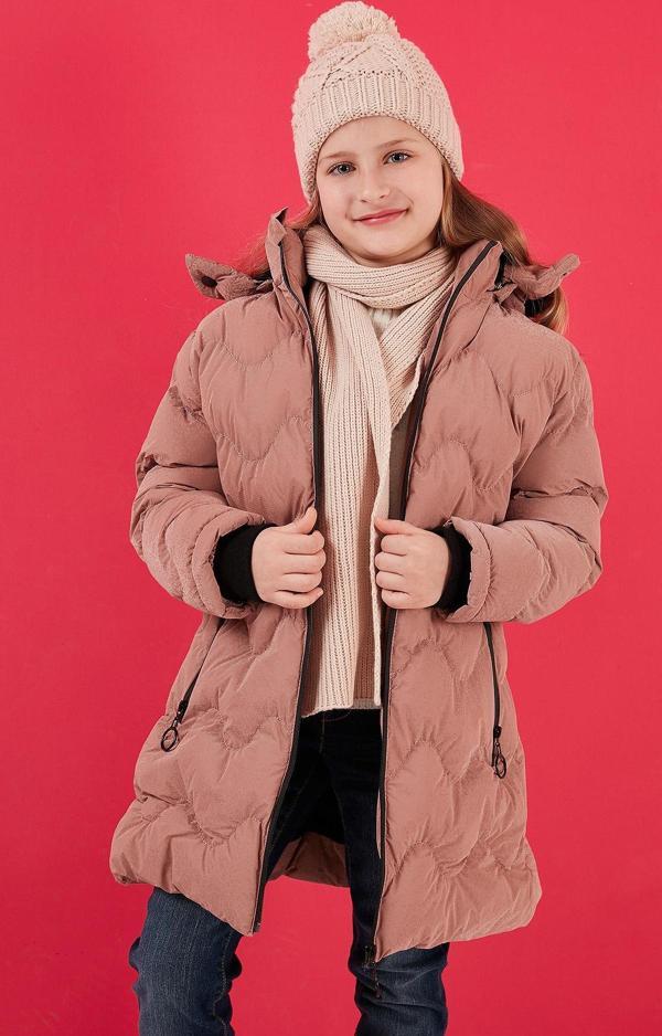 Lela Peluş Astarlı Yakası Suni Kürklü Çıkarılabilir Kapüşonlu Kışlık Kız Çocuk Mont 5761905 PUDRA - Image 1