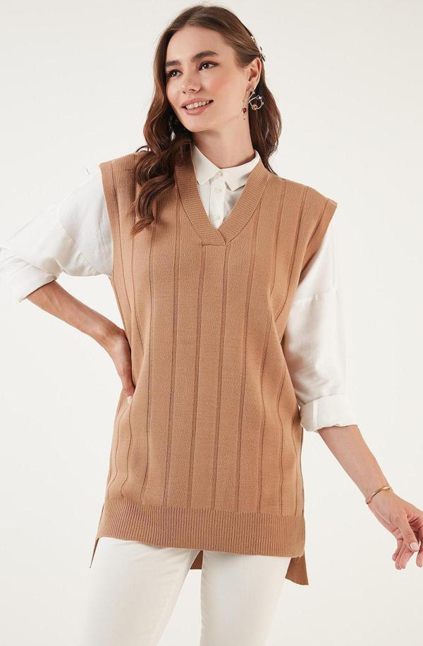 Lela V Yaka Uzun Triko Bayan Süveter 4616088 CAMEL - Image 1