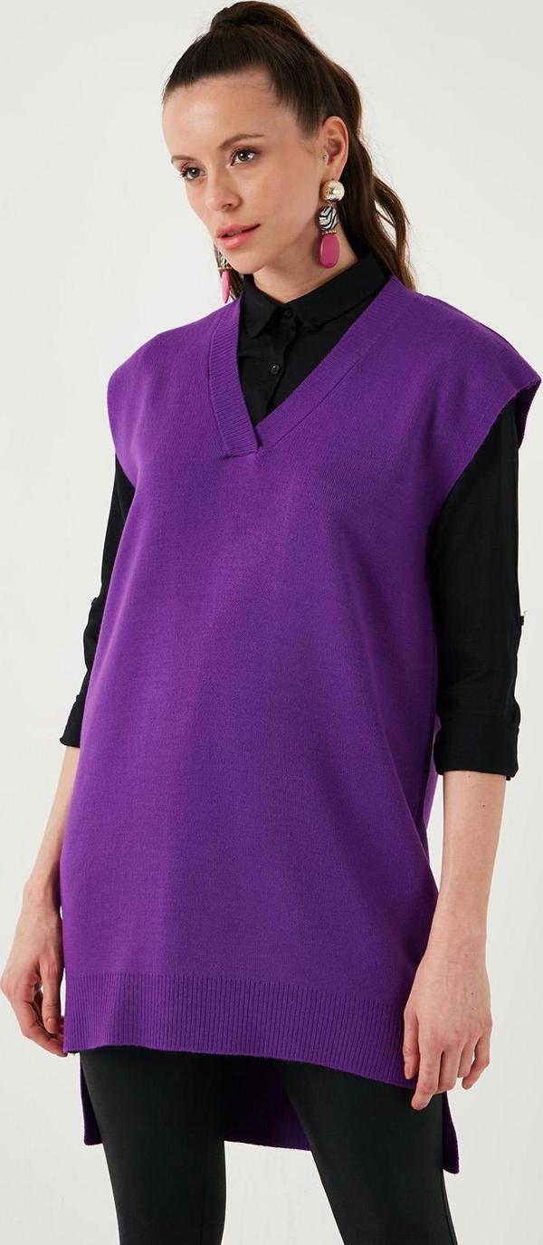 Lela V Yaka Arkası Uzun Triko Bayan Süveter 4616082Y MOR - Image 1