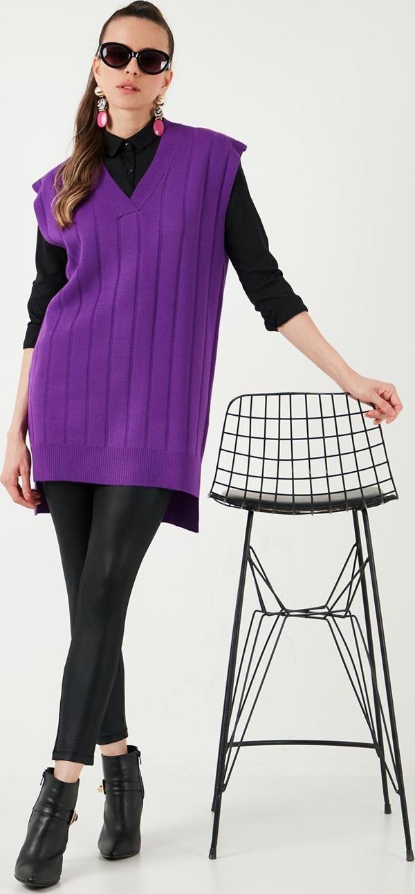Lela V Yaka Arkası Uzun Triko Bayan Süveter 4616088Y MOR - Image 1