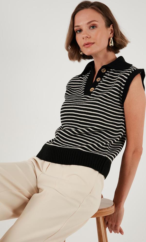 Lela Çizgili V Yaka Triko Bayan Süveter 4616171 SİYAH-KREM - Image 1