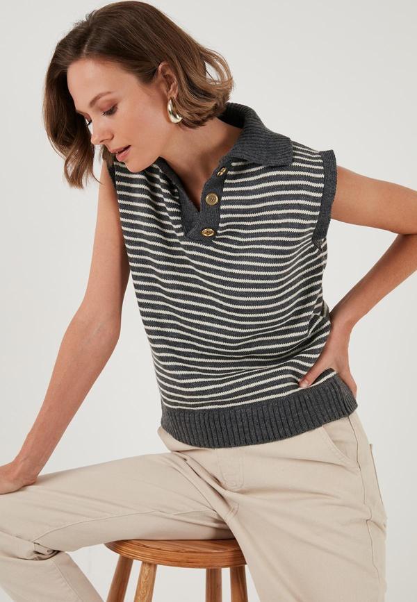 Lela Çizgili V Yaka Triko Bayan Süveter 4616171 Koyu Gri-Krem - Image 1