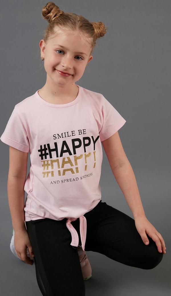 Lela Pamuklu Baskılı Bağlama Detaylı Bisiklet Yaka Kız Çocuk T Shirt 6211018 PEMBE - Image 1