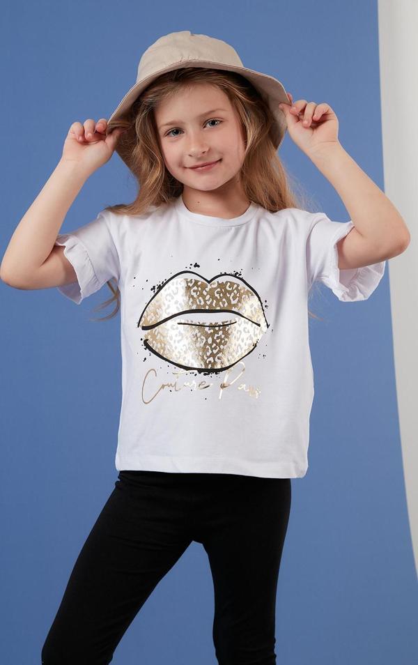 Lela Pamuklu Baskılı Kolları Fırfırlı Bisiklet Yaka Kız Çocuk T Shirt 6211019 BEYAZ - Image 1