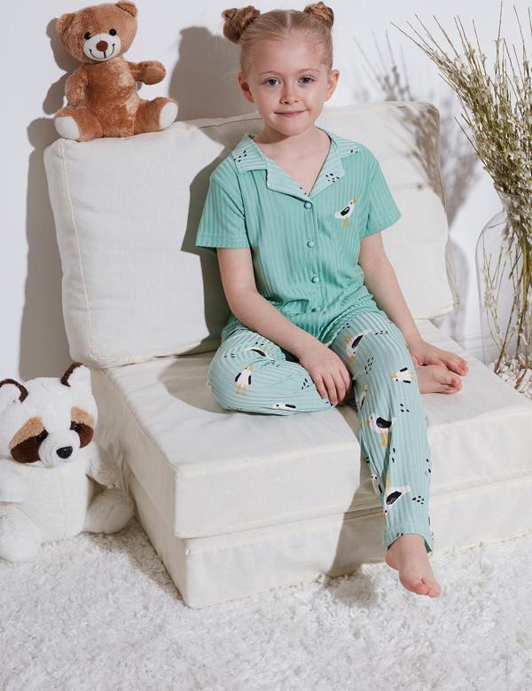 Lela Baskılı Beli Lastikli Gömlek Yaka Kısa Kollu Kız Çocuk Pijama Takımı 6576001 MİNT - Image 1