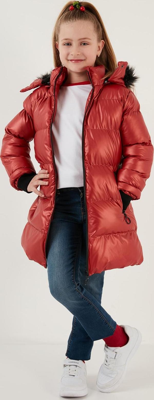 Lela Peluş Astarlı Yakası Suni Kürklü Çıkarılabilir Kapüşonlu Kışlık Kız Çocuk Mont 5761908 KIRMIZI - Image 1