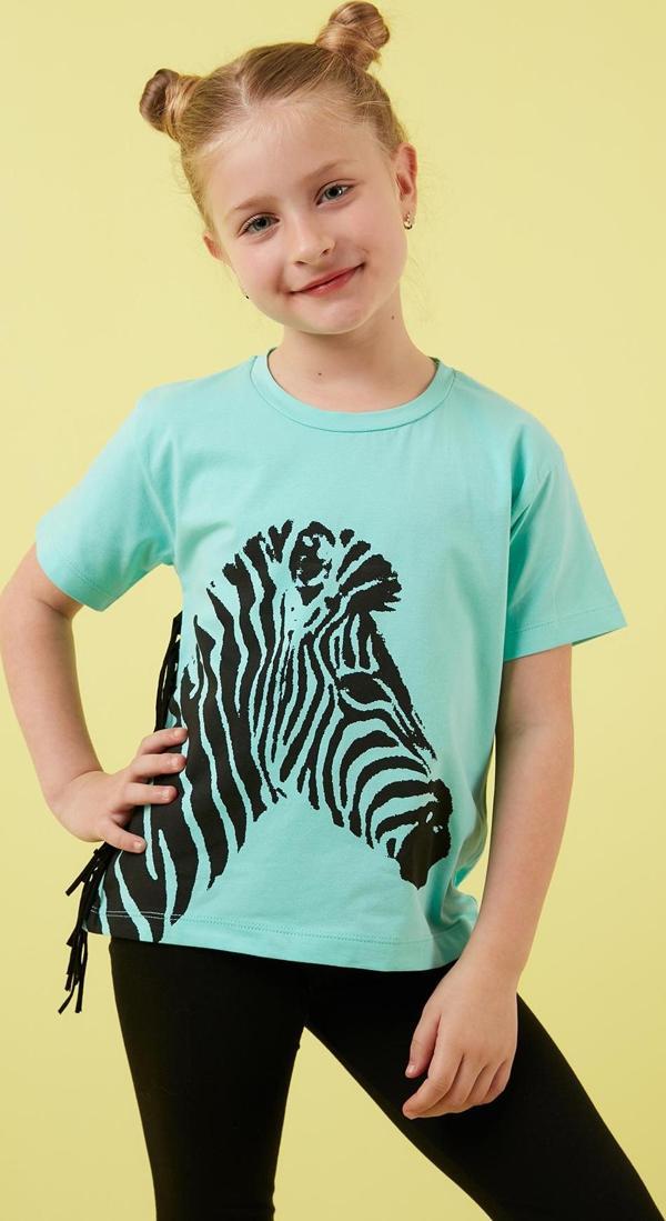 Lela Pamuklu Baskılı Püskül Detaylı Bisiklet Yaka Kız Çocuk T Shirt 6211021 MİNT - Image 1