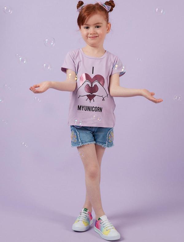 Lela Baskılı Bisiklet Yaka Pamuklu Kız Çocuk T Shirt 6211027 LİLA - Image 1