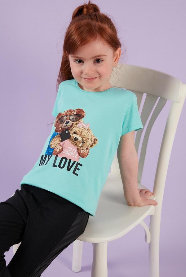 Lela Baskılı Bisiklet Yaka Pamuklu Kız Çocuk T Shirt 6211034 MİNT - Image 1