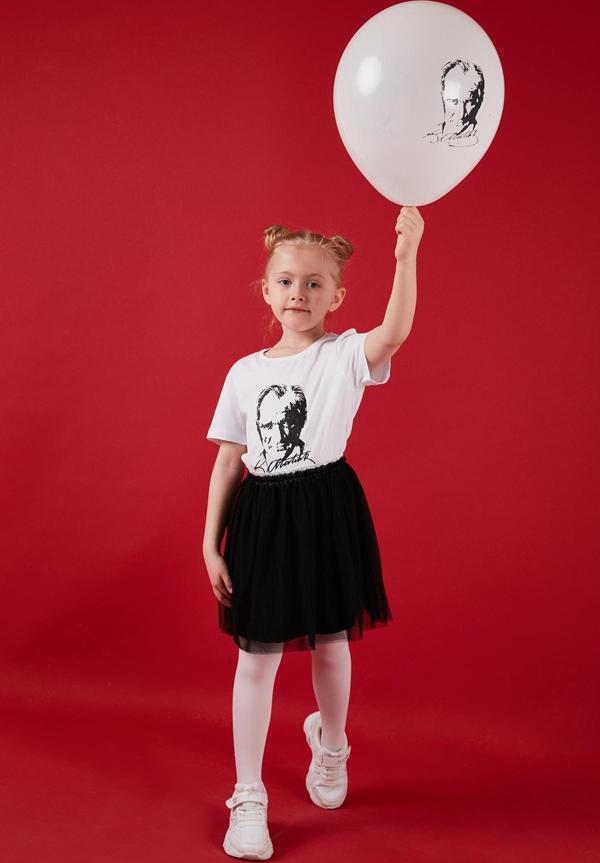 Lela Atatürk Baskı Tütü Etekli 23 Nisan 19 Mayıs 29 Ekim 10 Kasım Gösteri Kız Çocuk Takım 6212022 BEYAZ - Image 1