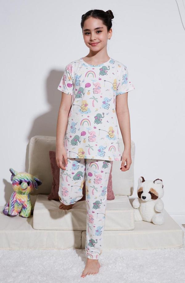 Lela % 100 Pamuk Bisiklet Yaka Kısa Kollu Kız Çocuk Pijama Takımı 6651004 EKRU - Image 1