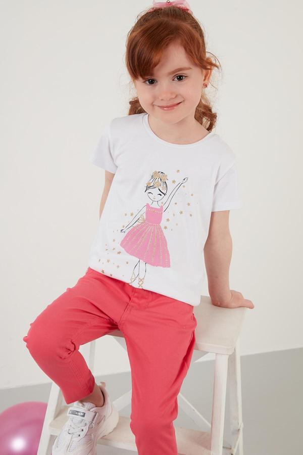 Lela Baskılı Bisiklet Yaka Pamuklu Kız Çocuk T Shirt 6211037 BEYAZ - Image 1