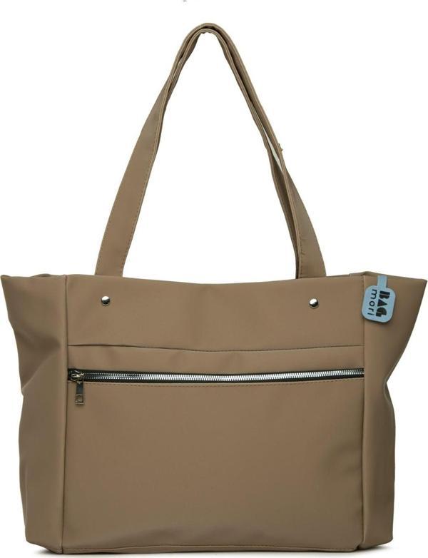 Bagmori Büyük Yan Fermuarlı Saten Tote Çanta Vizon - Image 1