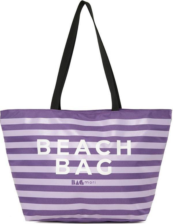 Bagmori Çizgili Beach Bag Baskılı Plaj Çantası Lila - Image 1
