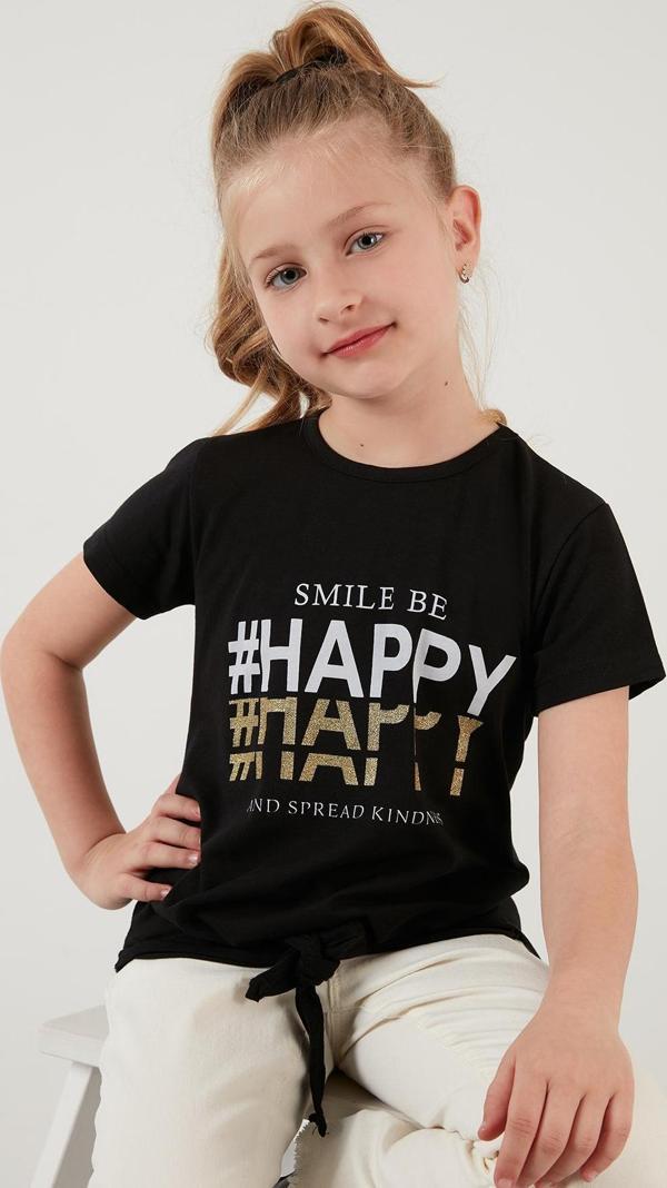Lela Pamuklu Baskılı Bağlama Detaylı Bisiklet Yaka Kız Çocuk T Shirt 6211018 SİYAH - Image 1