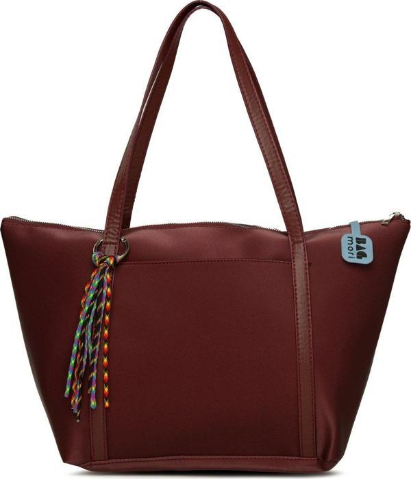 Bagmori Renkli Püskül Detaylı Saten Tote Çanta Bordo - Image 1