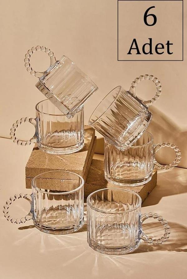 Kapris 6 Adet Cam Boncuk Kulplu Bardak Kupa Çay Kahve Meşrubat Bardağı 250ml - Image 1