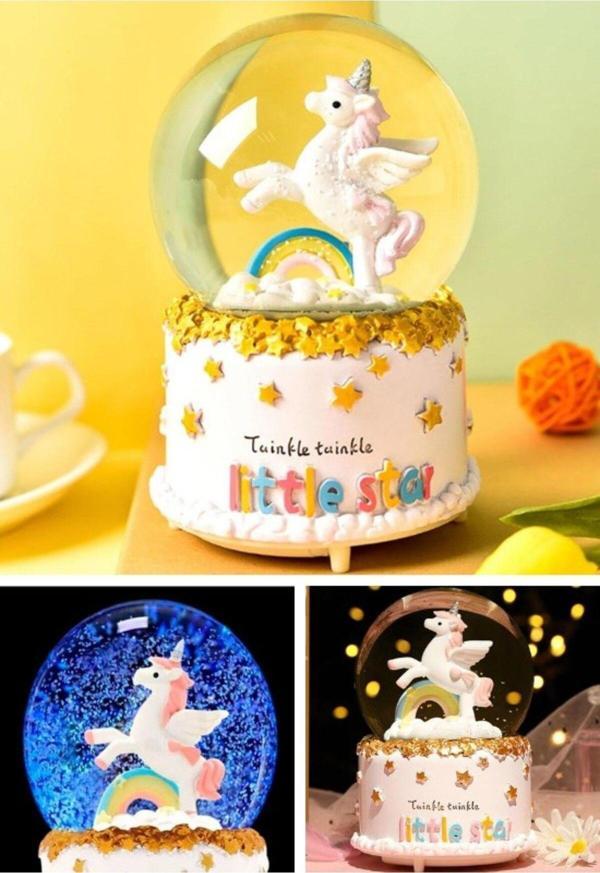 Işıklı Müzikli Hediye Unicorn Gökkuşağı Little Star Unicorn Kar Küresi Orta Boy Işıklı Müzikli 12 Cm - Image 1