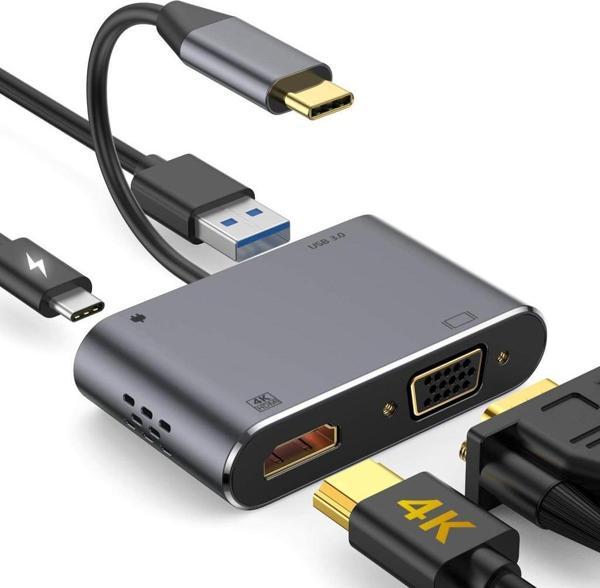 Type-C 4 in 1 4k HDMI VGA Usb 3.0 Type-C Şarj Girişli Adaptör - Image 1