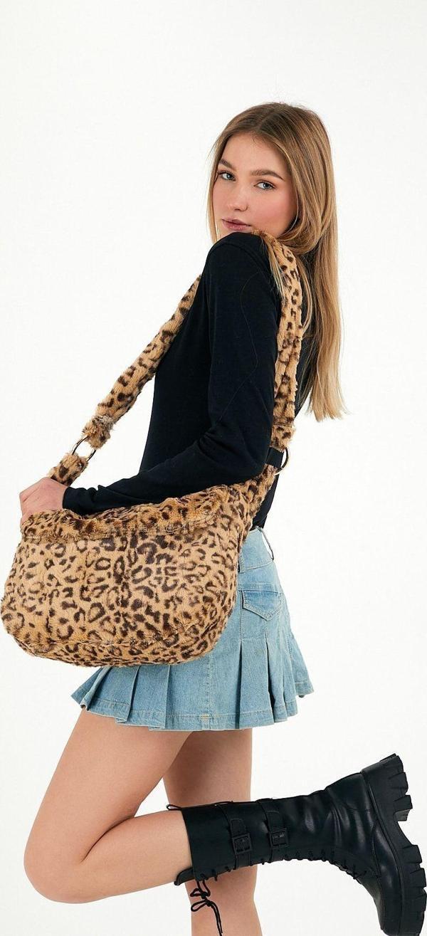 Mute Bag Leopar Toscana / Leopar Desenli Peluş Kapaklı Postacı Çapraz Askılı Omuz Okul Çantası - Image 1