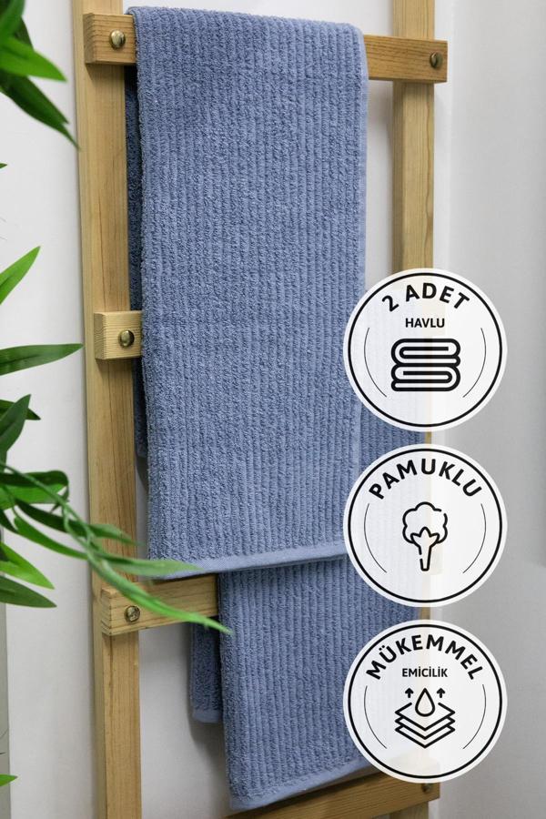 Line Luxury Pamuklu 2li El Yüz Havlusu 50x90 - İndigo - Image 1