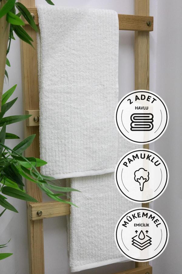 Line Luxury Pamuklu 2li El Yüz Havlusu 50x90 - Krem - Image 1