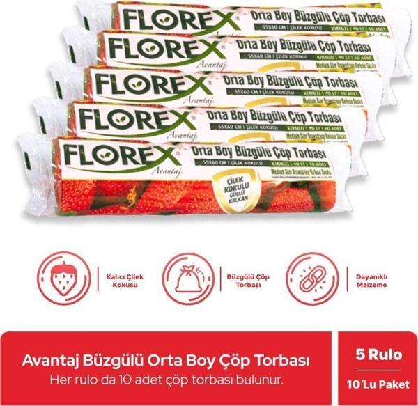 Florex Avantaj Seri Çilek Kokulu Büzgülü Orta Boy Çöp Poşeti X 5 Rulo - Image 1