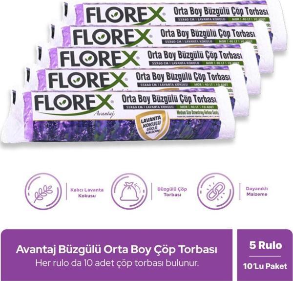 Florex Avantaj Seri Lavanta Kokulu Büzgülü Orta Boy Çöp Poşeti X 5 Rulo - Image 1