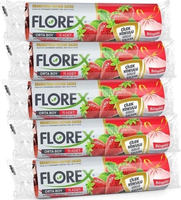 Florex Büzgülü Çilek Kokulu Orta Boy Çöp Poşeti 55X60 Cm 25 Rulo - Image 1