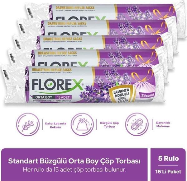 Florex Büzgülü Lavanta Kokulu Orta Boy Çöp Poşeti X 5 Rulo - Image 1