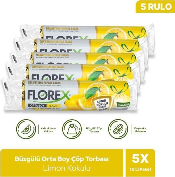 Florex Büzgülü Limon Kokulu Orta Boy Çöp Poşeti X 5 Rulo - Image 1