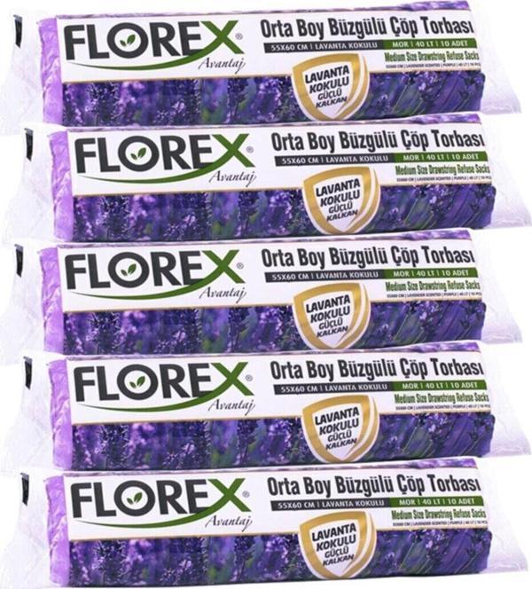 Florex Büzgülü Orta Boy Çöp Torbası 5 Rulo Lavanta Kokulu - Image 1