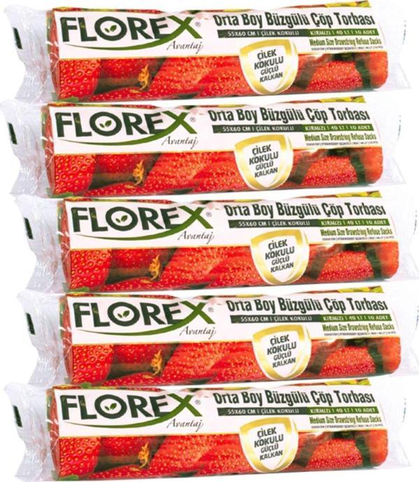 Florex Büzgülü Orta Boy Çöp Torbası Avantaj Seri 5 Rulo Çilek Kokulu - Image 1