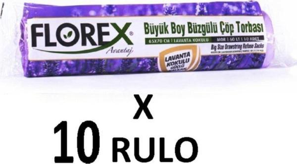 Florex Lavanta Kokulu Büzgülü Büyük Boy ( 65X70 Cm ) Çöp Poşeti Mor 10 Rulo 10*10=100 Adet - Image 1
