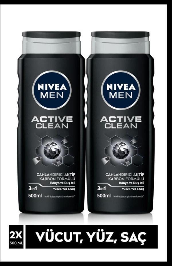 MEN Erkek Duş Jeli Active Clean 500ml, 3'ü 1 Arada Komple Bakım, Vücut Saç Yüz, Erkek Bakım, X2 Adet - Image 1